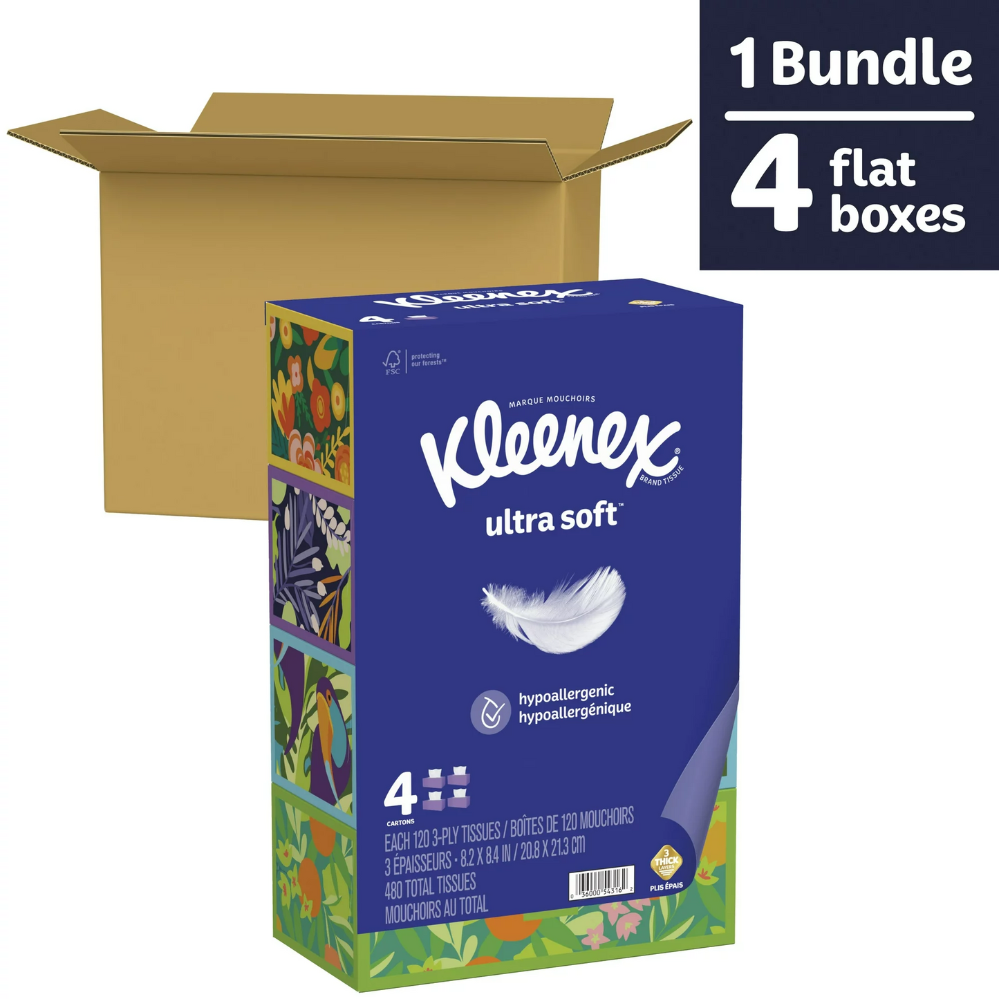 Kleenex Ultra Soft Facial Tissues, 4 Flat Boxes, 120 White Tissues per Box, 3-Ply