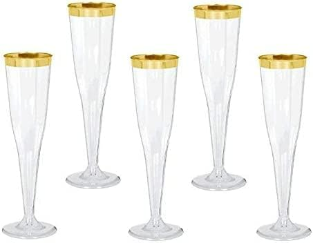 30 Plastic Classic Champagne Disposable Flutes for Parties (Gold Rim)