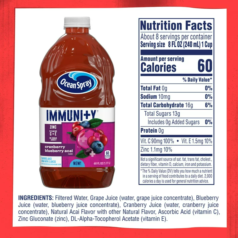 Ocean Spray Immunity Cranberry Blueberry Acai Flavored Juice Drink, 60 fl oz Bottle