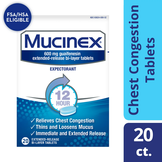 Chest Congestion, Mucinex Expectorant 12 Hour Extended Release Tablets, 20ct, 600 mg Guaifenesin with Extended Relief of Chest Congestion