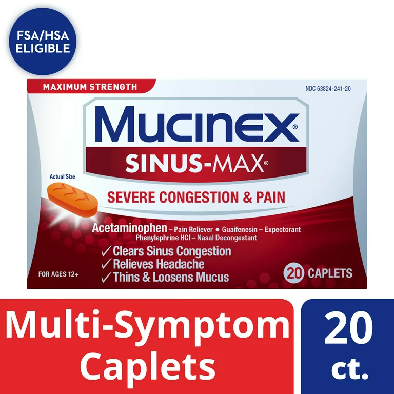 Maximum Strength Mucinex Sinus-Max Severe Congestion & Pain, Sinus Symptom Relief, Pain Reliever, Expectorant and Nasal Decongestant, 20 Caplets