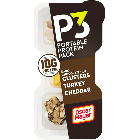 P3 Chocolate Nut Clusters, Turkey & Cheddar Cheese Protein Snack Pack Pieces, 2 oz Tray