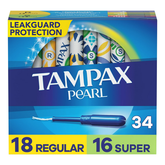 Tampax Pearl Tampons Duo Multipack with LeakGuard Braid, Regular/Super Absorbency, 34 Ct