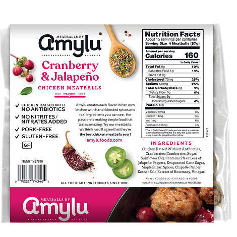 Amylu Chicken Meatballs, Cranberry and Jalapeno, 46 oz