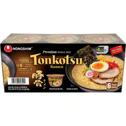 Nongshim Tonkotsu Ramen Premium Noodle Soup, Rich Pork Broth, 3.56 oz, 6 ct
