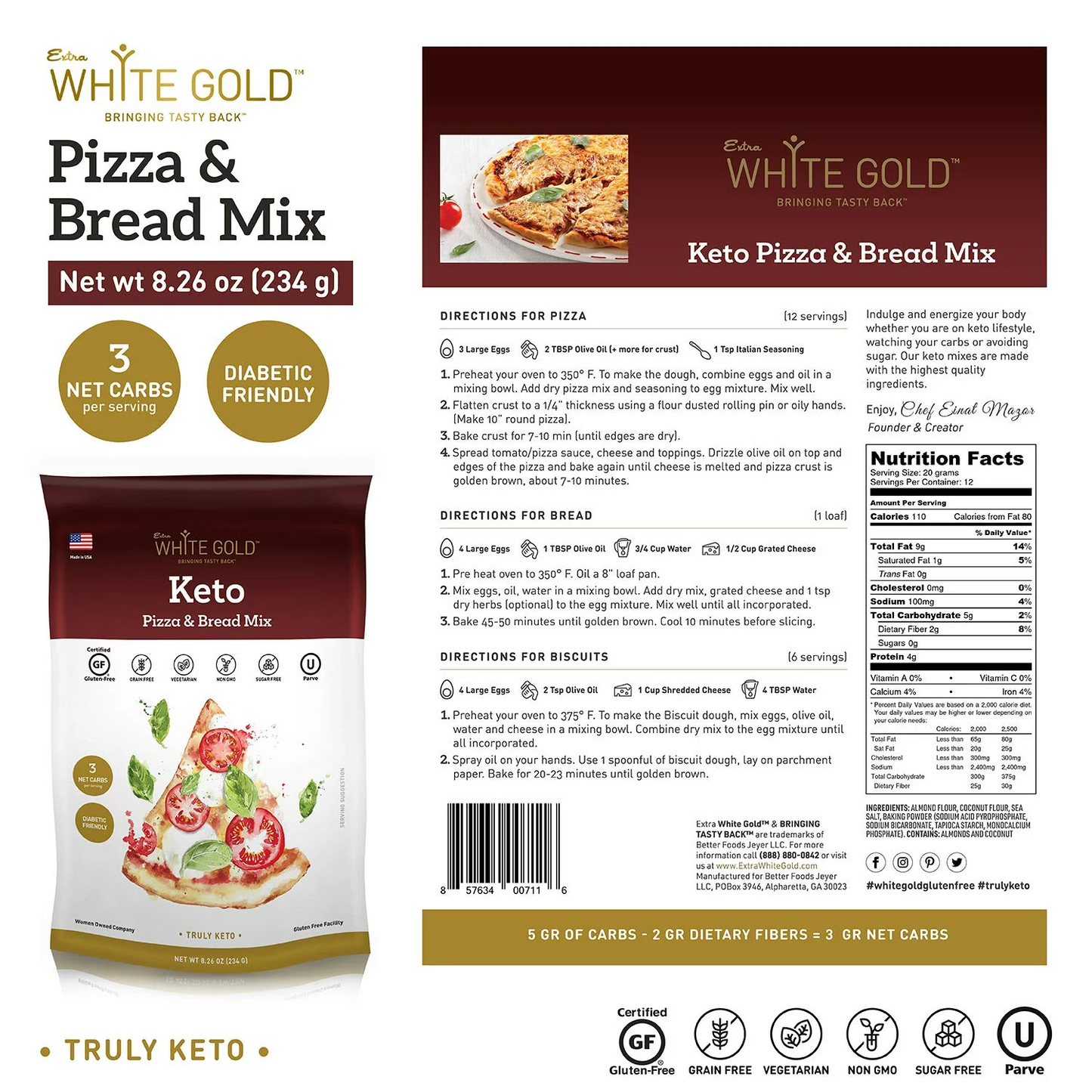 Extra White Gold Pizza, Bread and Biscuit Mix, Keto Baking Mix, Low carb Pizza mix, No sugar added, Gluten Free, Grain Free, Wheat Free, Diabetic, Atkins and WW Friendly (3g net carbs, 12 Servings)