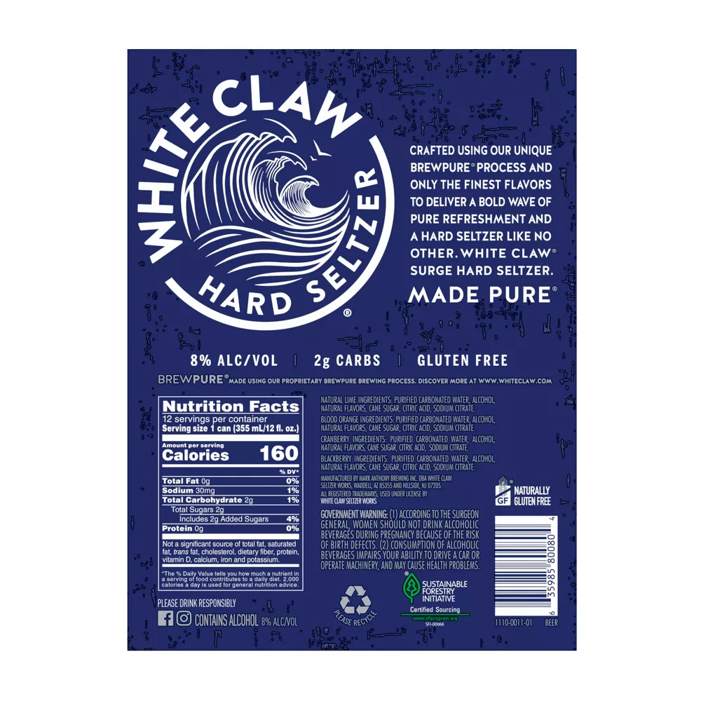 White Claw SURGE Hard Seltzer Variety Pack - 12pk/12 fl oz Slim Cans