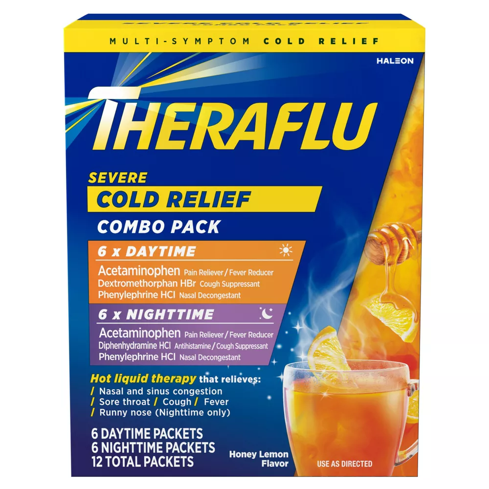 Theraflu Acetaminophen Multi-Symptom Severe Cold Day/Night Powder - Green Tea/Honey Lemon - 12ct