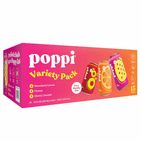 Poppi Prebiotic Soda, Variety Pack, 12 fl oz, 15-count