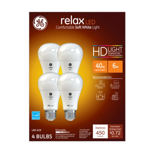 GE Relax HD Soft White 40W LED Light Bulbs White General Purpose A19, 4 Pack