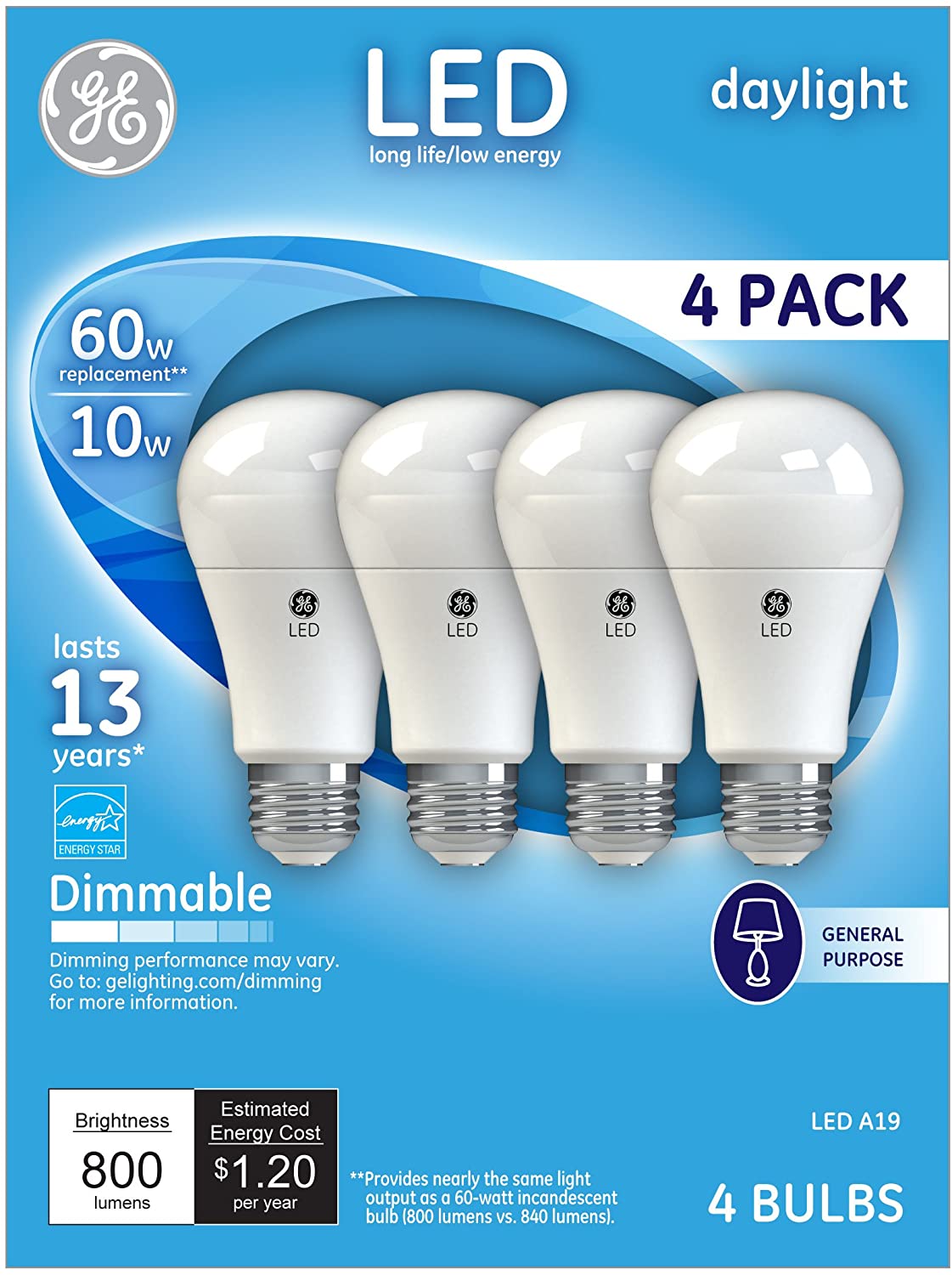 GE Daylight LED 60W Replacement General Purpose A19 Light Bulb, 4 Pack
