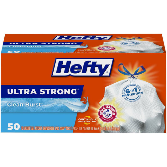 Hefty Ultra Strong Tall Kitchen Drawstring Trash Bags | Clean Burst Scent, 13 Gallons, 50 Count