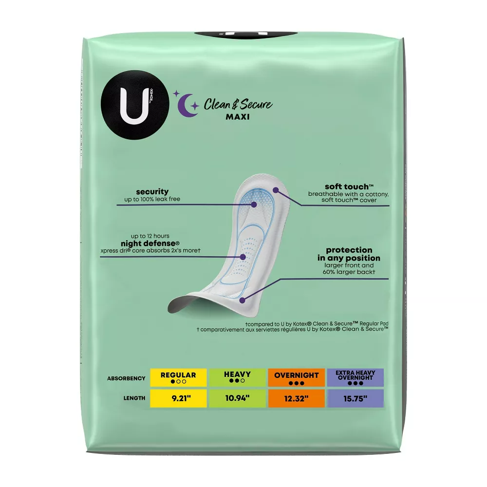 U by Kotex Clean & Secure Unscented Overnight Absorbency Fragrance Free Maxi Pads - Unscented - 40ct
