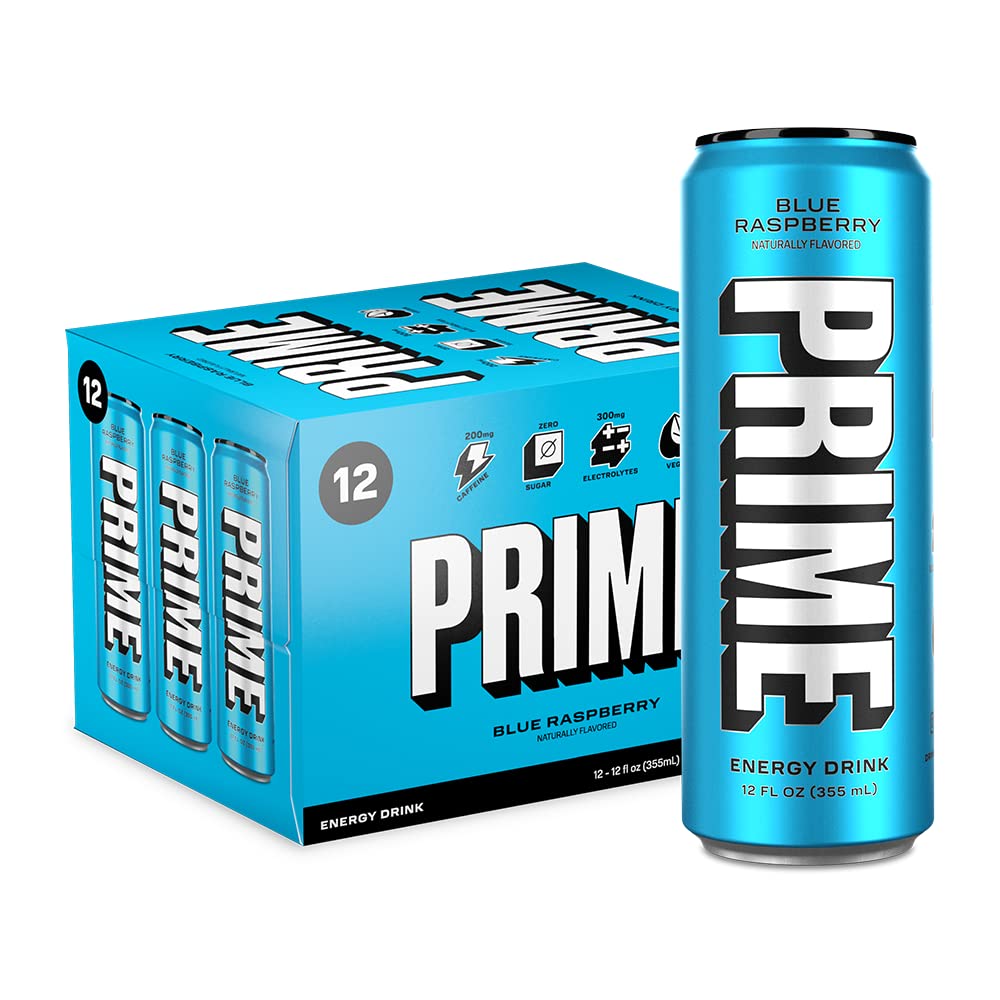 Prime Energy Drink "Blue Raspberry," Naturally Flavored, 200mg Caffeine, Zero Sugar, 300mg Electrolytes, Vegan, 12 Fl Oz per Can (Pack of 12)