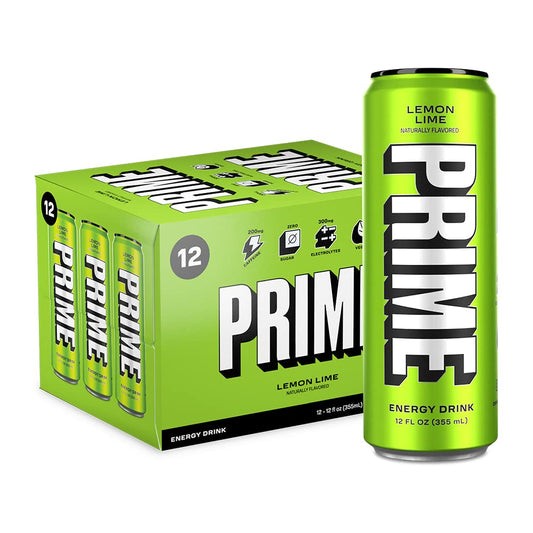 Prime Energy Drink "Lemon Lime," Naturally Flavored, 200mg Caffeine, Zero Sugar, 300mg Electrolytes, Vegan, 12 Fl Oz per Can (Pack of 12)