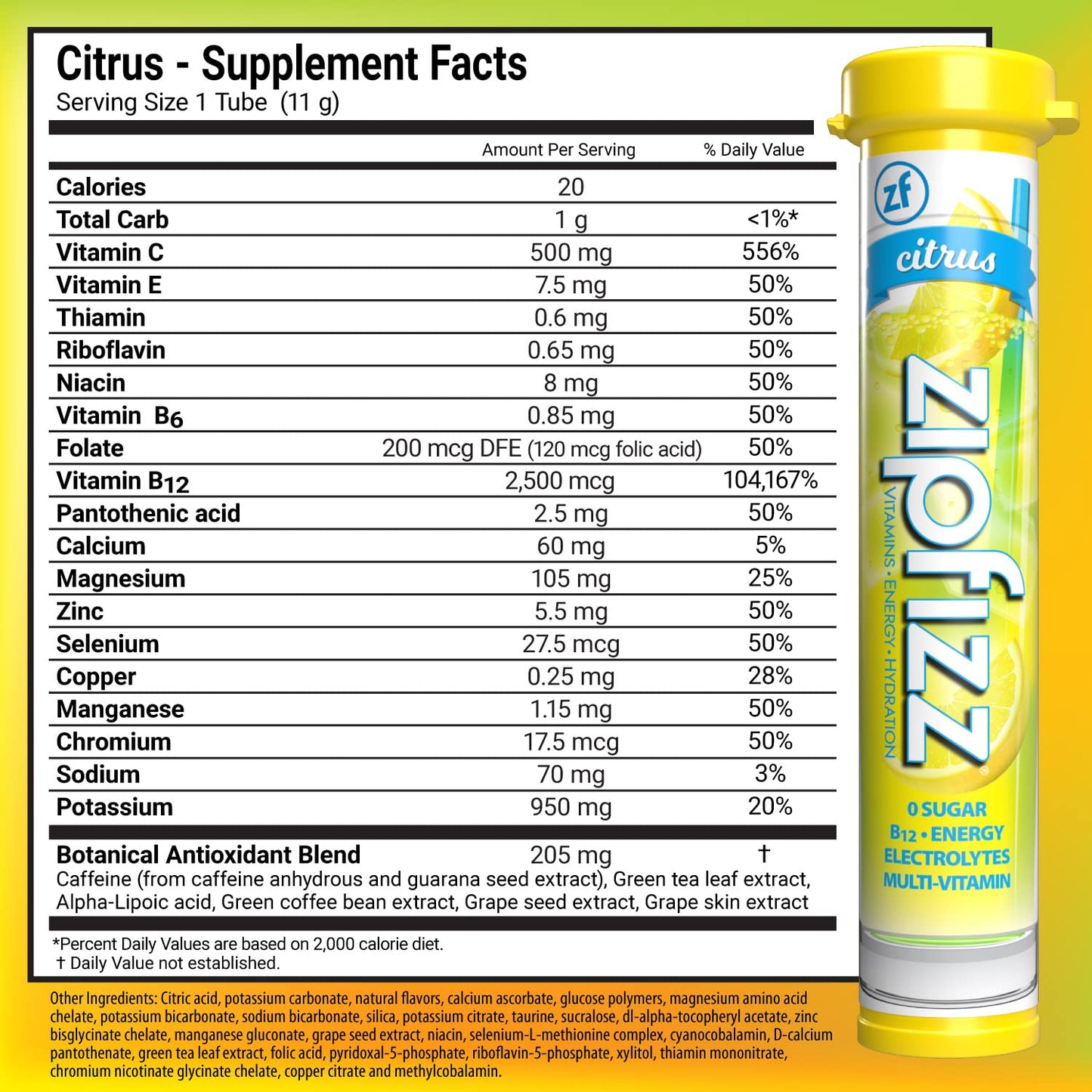 Zipfizz Energy Drink Mix, Electrolyte Hydration Powder with B12 and Multi Vitamin, Citrus (20 Pack)