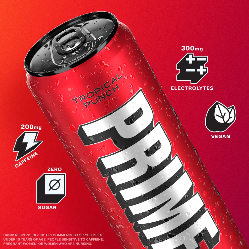 Prime Energy Drink "Tropical Punch," Naturally Flavored, 200mg Caffeine, Zero Sugar, 300mg Electrolytes, Vegan, 12 Fl Oz per Can (Pack of 12)